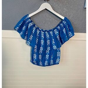 Elan Blue Ruffle Top Short Sleeve Peasant Style Blouse Size Medium NWT